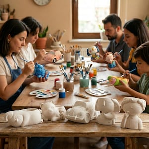 May include: A group of people painting ceramic figurines at a wooden table. The figurines include a dog, cat, car, and human figures. Paint palettes and brushes are also on the table, suggesting a creative activity.