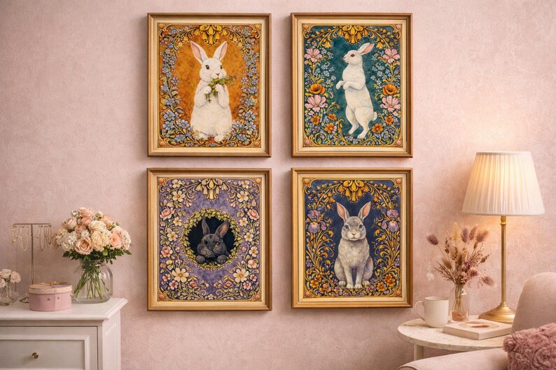 Pruning Frame Rabbit Art Nouveau Rabbit Print Set, Vintage Floral Bunny Nursery Decor ...
