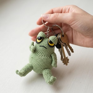 May include: A green crocheted frog keyring with yellow and black eyes, giving the middle finger. The frog is attached to a keyring with several keys.