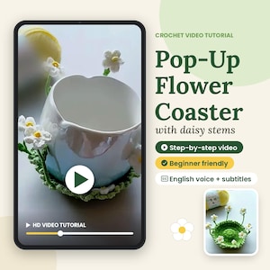 Pop Up Flower Coaster Crochet Video Tutorial, Daisy Mug Rug, Flower Pot Cup Holder, Easy Beginner Crochet Coaster, Step by Step Video