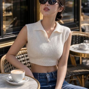 May include: A sleeveless, cropped, cream-colored knit sweater vest featuring a collared V-neckline. The garment is paired with blue denim jeans. The sweater has a ribbed hem and a soft, textured knit construction, providing a fitted silhouette.