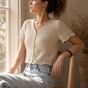Short Sleeve Cardigan Knitting Pattern PDF + Video Tutorial, Cotton Lace Knit Bolero, Summer Crop or Duster Length, Top Down, XS-4XL