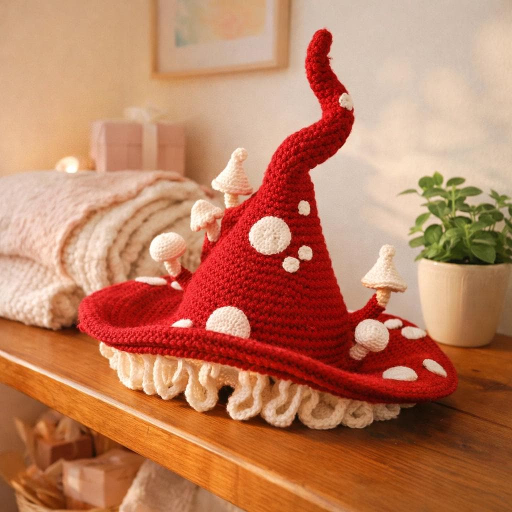 26 Mushroom Hat Crochet Patterns for Cottagecore, Fantasy, and Everyday Wear 22 Crochet Pattern Amanita Mushroom Witch Hat With Ruffled