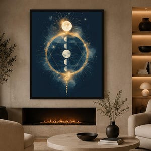 Moon Phase Canvas, Celestial Phases, Gold Illustration Vertical Geometric Mandala