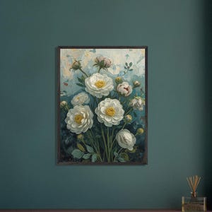White Peony Bouquet Wall Decor, Vertical Floral Framed Wall Art, Painterly Realism Teal Painting, Contemporary Botanical Canvas