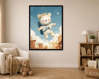 Space Bear Astronaut Canvas Art, Flower Crown Teddy, Whimsical Nursery Wall Decor
