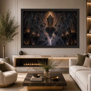 Neo Goth Cathedral, Gothic Altar Art, Hooded Statue Art, Horizontal Framed Statement