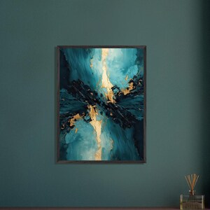 Teal & Gold Fluid Abstraction Vertical Metallic Vein Painting in Deep Blue and Turquoise Framed Canvas