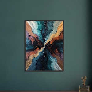 Central Fissure Fluid Acrylic Pour Teal, Navy & Metallic Gold with Rust Accents Framed Wall Art