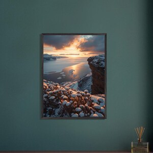 Snow-covered Coastal Cliff Wall Decor, Vertical Coastal Sunset Framed Wall Art, Cinematic Contemporary Gold Seascape, Large Framed Canvas