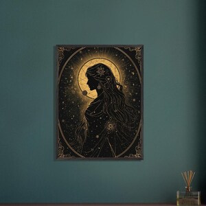 Celestial Woman Silhouette Wall Decor, Vertical Celestial Profile Framed Wall Art, Art Nouveau Gold Painting, Gilded Line Framed Canvas
