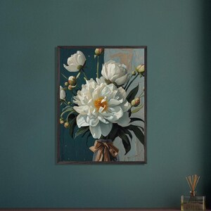 Peony Bouquet Wall Decor, Vertical Peony Bouquet Framed Wall Art, Contemporary Realism White Painting, Painterly Botanical Canvas