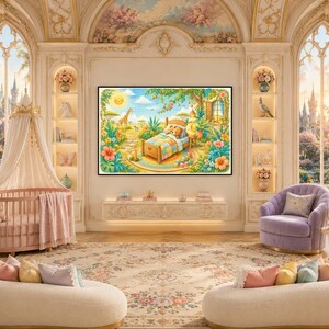 以下が含まれることがあります： 鮮やかな色彩で描かれた、日当たりの良いジャングルの中でベッドに眠るテディベアのイラストが特徴の長方形のウォールアートプリント。このアート作品は、ピンクのベビーベッドと2つの曲線的なベンチがある子供部屋に飾られています。