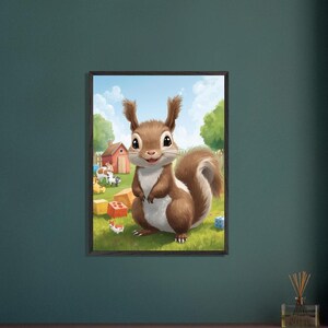 Playful Squirrel Close-Up Wall Decor, Vertical Nursery Character Framed Wall Art, Storybook Illustration Brown Painting, Vertical Nursery