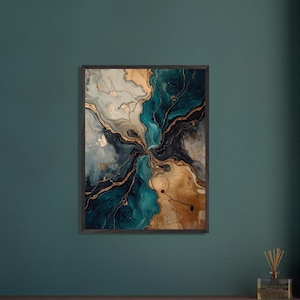Teal & Gold Fluid Abstraction Central Vortex with Metallic Veins and Slate-Cream Marble Texture Framed Canvas