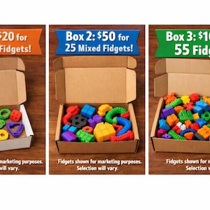 May include: Three cardboard boxes filled with colorful fidget toys. Each box has a different quantity of fidgets, with text indicating the number of fidgets in each box. The text "Fidgets shown for marketing purposes. Selection will vary." is below each box.