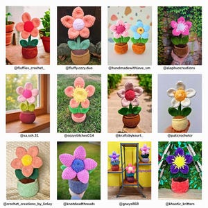 以下が含まれることがあります： ピンク、オレンジ、黄色、紫など、さまざまな色の手編みの植木鉢の作品のコラージュ。画像の上部と下部には「Work of amazing testers」と「Thank you for testing」というテキストが表示されています。