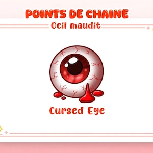 Peut inclure: Illustration d'un œil rouge et blanc avec du sang qui coule, intitulé "Cursed Eye". L'image est placée sur un fond rose avec du texte en français.