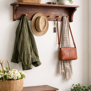 Puede incluir: Estante de entrada de madera oscura con ganchos, que sostiene una chaqueta verde, un sombrero de paja y un bolso de cuero marrón. Una cesta de mimbre, un banco y plantas en macetas completan la decoración. El estante también tiene una cesta de mimbre y gafas de sol.