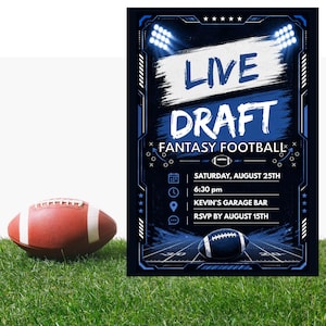 May include: A brown football with white laces sits on green grass next to a dark blue flyer titled LIVE DRAFT FANTASY FOOTBALL. The flyer includes details for Saturday, August 25th at 6:30 pm at Kevin's Garage Bar, with an RSVP by August 15th.