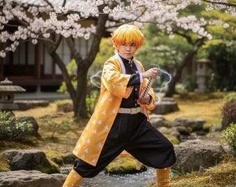 Disfraz de Agatsuma Zenitsu Demon Slayer / Traje de cosplay de anime con peluca