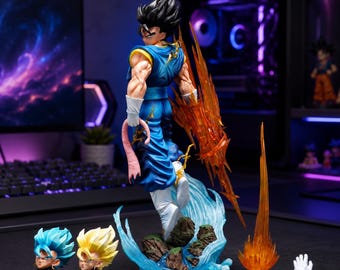 Estatua de PVC de 38 cm del Guerrero de Fusión del Anime Sangoku, figura de batalla con traje azul y efectos de energía.