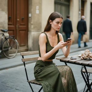Könnte beinhalten: Ein olivgrünes Crop-Top und ein passender Rock mit Spitzeneinsatz. Die Person sitzt an einem Holztisch und benutzt ein Smartphone. Im Hintergrund sind ein Fahrrad und Gebäude zu sehen.