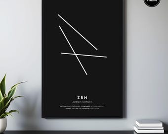 Zurich Airport Map Art Print, ZRH Airport Code