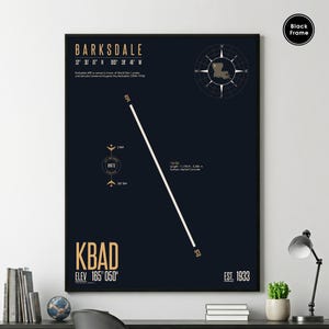 May include: A framed art print featuring a minimalist airport diagram in shades of navy blue and beige. The print includes the text "BARKSDALE" and "KBAD", along with coordinates, elevation, and the establishment year, 1933. The runway is marked with numbers 15 and 33.