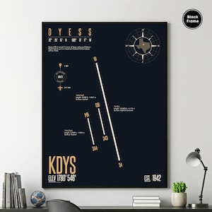 May include: A framed navy blue print featuring the text "DYESS" and "KDYS" in gold. The print includes a compass rose, a map of Texas, and white lines indicating runways. The text "EST. 1942" is also visible.