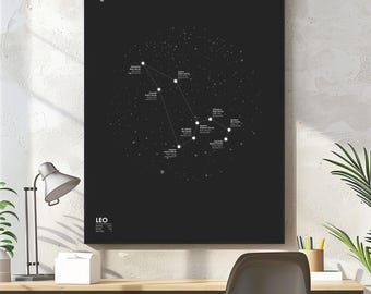 Leo Constellation Map Print, Zodiac Star Map, Astronomy Poster