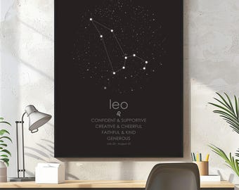 Leo Constellation Map Print, Zodiac Sign Astrology Poster