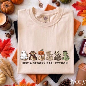May include: A beige short-sleeve t-shirt featuring a graphic of six cartoon snakes dressed as a ghost, vampire, pumpkin, mummy, skeleton, and Frankenstein's monster, with the text "JUST A SPOOKY BALL PYTHON" printed below.