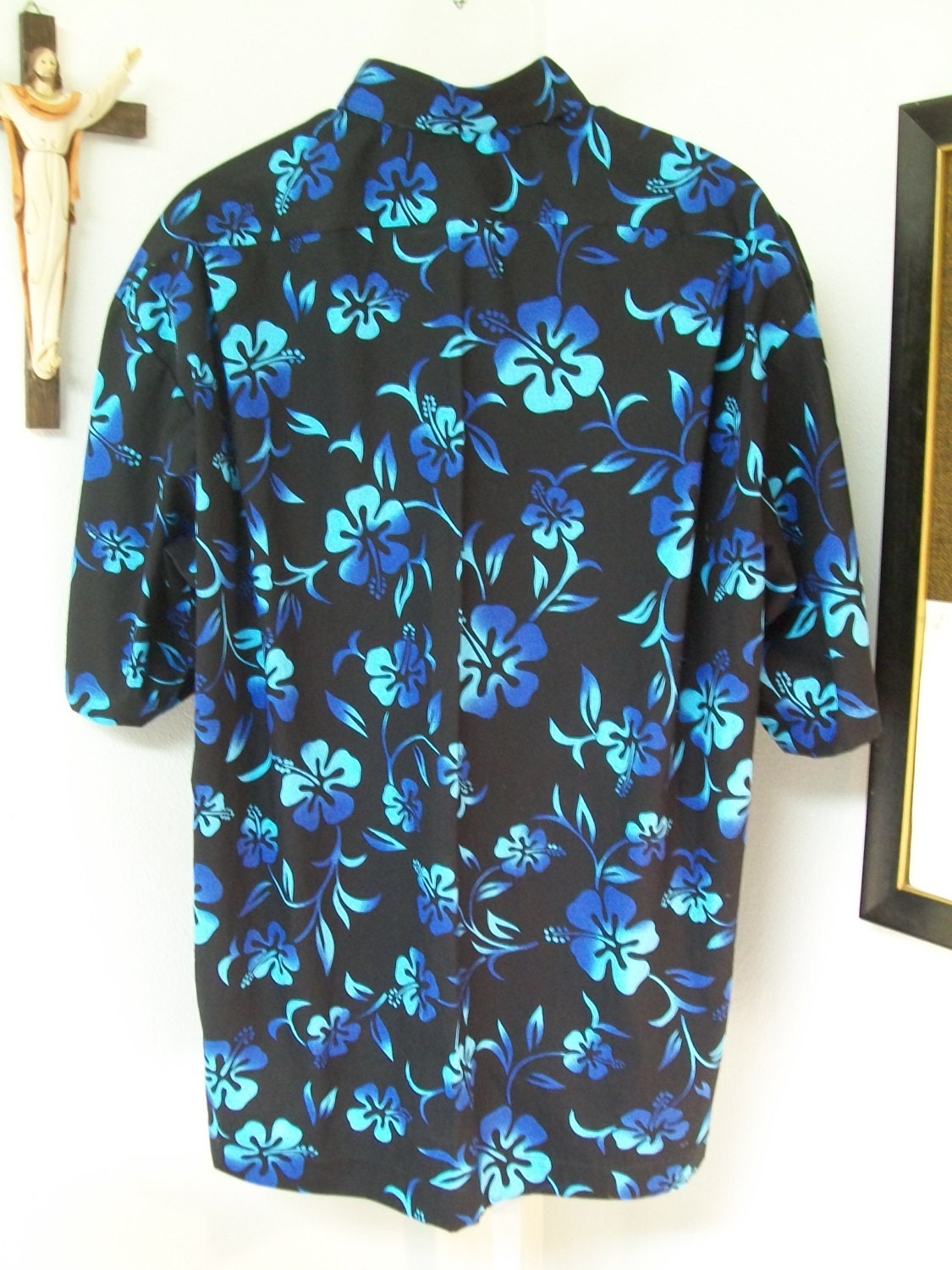 CAMP Clerical Shirt Varied Turquoise Hibiscus on Black All - Etsy