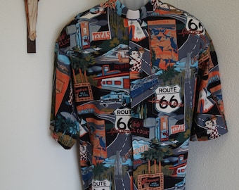 CAMP Camisa clerical con estampado nostálgico de la Ruta 66, todo algodón, Hecho a pedido, seleccione su talla y cuello TAB o estilo FullBand listo para desabrochar