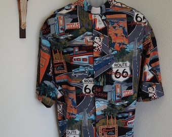 CAMP Clerical shirt nostalgic Route 66 print, all cotton, Made to order select your size & TAB Collar or FullBand ready Untucked style