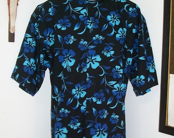 CAMP Clerical shirt varied turquoise hibiscus on black All Cotton Size of choice. Made to order. Tab or fullband collar ready Untucked style
