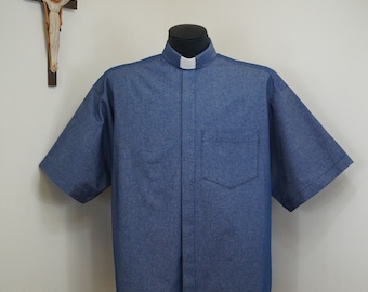 Camisa con solapas CAMP, denim azul, totalmente de algodón, selecciona tu talla, confeccionada a pedido. Selecciona la solapa TAB o Fullband, estilo sin meter.