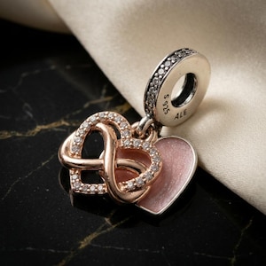May include: A rose gold-tone heart charm featuring an infinity symbol intertwined with a heart shape, both encrusted with clear stones. A second smooth, light pink enamel heart hangs alongside, with a bail stamped S925 ALE.