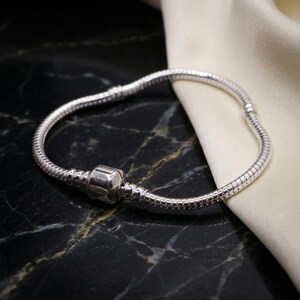 Classic Snake Chain Silver Bracelet, Charm Starter Design, Secure Barrel Clasp