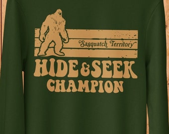 Bigfoot Hide & Seek Champion Sweatshirt, Unisex Sizing, Funny Sasquatch Sweatshirts, 70s Retro Graphic Sweatshirt, Hiker Sweatshirt