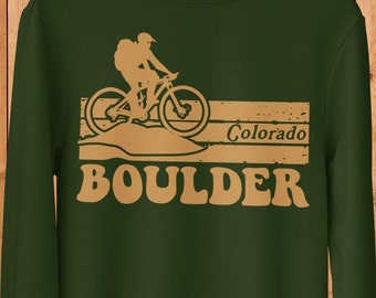Boulder Colorado Mountain Bike Sweatshirt, Hiking Sweatshirts, Unisex Sizing, Biking Sweatshirts, Hometown Pride, 70s Retro Colorado Graphic