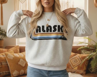 Alaska Sweatshirt, Retro Stripe Mountain Graphic, Unisex Women's or Mens