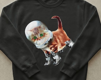 Sudadera de gato astronauta, camiseta divertida de gatito espacial, regalo para amantes de las mascotas para mamás y papás felinos, jersey de cuello redondo con felino cósmico