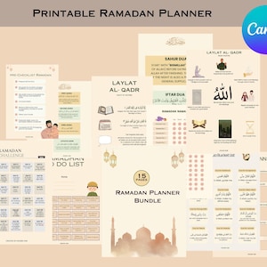 May include: A collection of printable Ramadan planner pages with a beige background. The pages include checklists, daily challenges, and a do-list. The text "Printable Ramadan Planner" is at the top. The Canva logo is in the upper right corner.