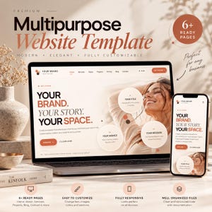 Peut inclure: Un modèle de site web polyvalent numérique affiché sur un écran d'ordinateur portable et de smartphone. L'interface présente le texte Your Brand, Your Story, Your Space, avec des sections pour Home, Services, About, Projects, Pricing, Blog et Contact.
