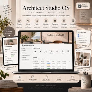 Może przedstawiać: Cyfrowy szablon Notion o nazwie Architect Studio OS, przedstawiający na ekranie laptopa pulpit nawigacyjny zarządzania projektami z sekcjami dla projektów, klientów, zadań, materiałów, płatności, spotkań i inspiracji dla pracowni.