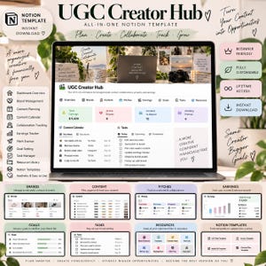 Może przedstawiać: Cyfrowy szablon Notion o nazwie UGC Creator Hub wyświetlany na ekranie laptopa, zawierający sekcje do zarządzania marką, planowania treści, śledzenia zarobków i list zadań z uporządkowanym układem dla twórców treści.