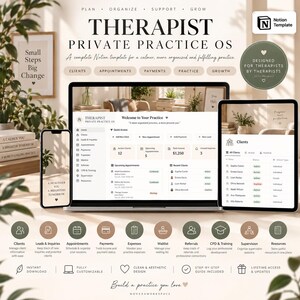 Könnte beinhalten: Eine digitale Notion-Vorlage für Therapeuten mit dem Titel Therapist Private Practice OS, dargestellt auf einem Laptop, Tablet und Smartphone. Die Benutzeroberfläche bietet Bereiche für Klienten, Termine, Zahlungen und Praxiswachstum mit einer neutralen Farbpalette und übersichtlichen Dashboard-Layouts.