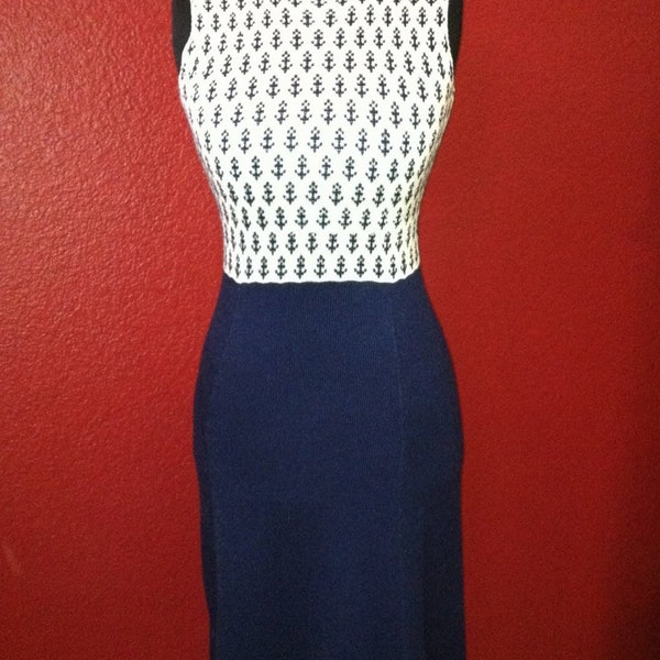 Vintage 60s Designer St. John Knits for Lillie Rubin Nautical Anchor Blue Sweater Knit Dress